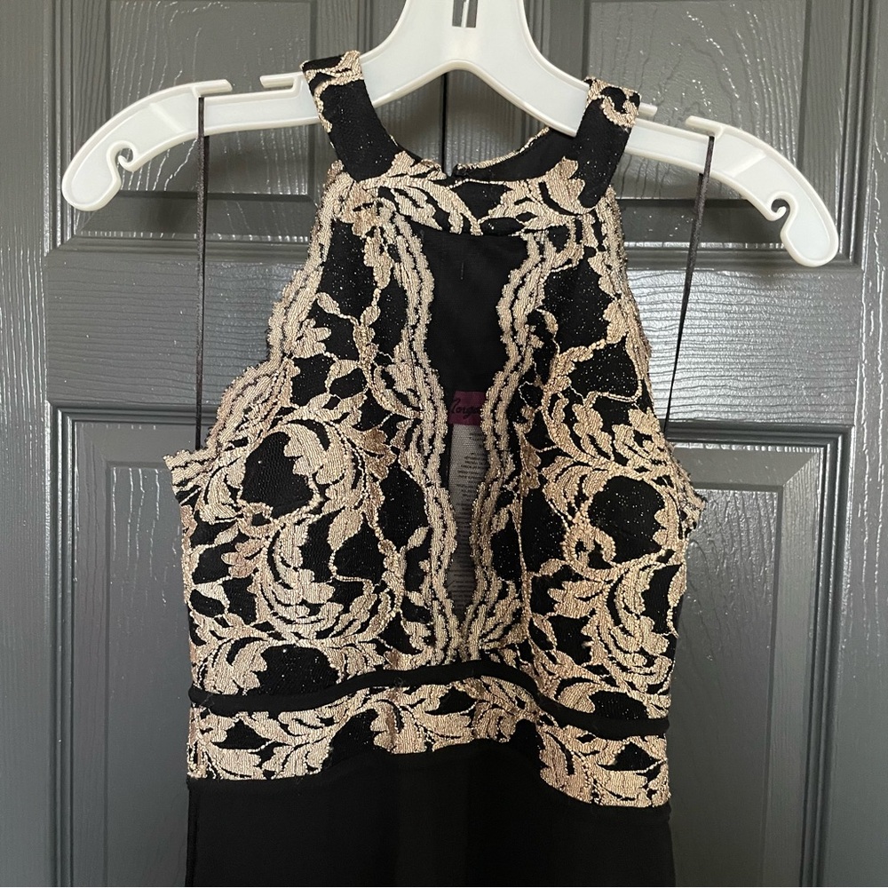 Morgan & Co Womens Juniors high neck black gold glitter lace prom dress size 5/6 - Picture 6 of 8